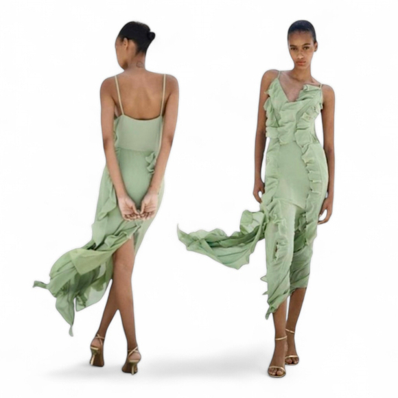 TIKTOK VIRAL Zara Ethereal Long Ruffled Elastic Waist Dress Sea Green Sz M NWOT - Picture 1 of 16